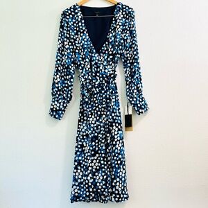 NWT Halogen Long Sleeve Navy Polka Dot Wrap Dress Size Large